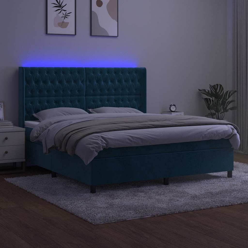 Box Spring Postel S Matrací A Led Tmavě Modrá 160X200 Cm Samet