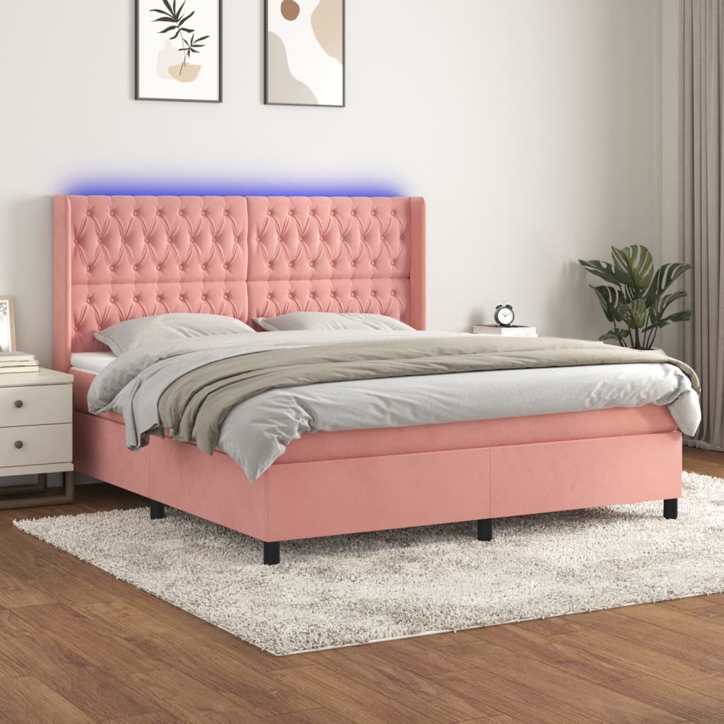 Box Spring Postel S Matrací A Led Samet Růžová