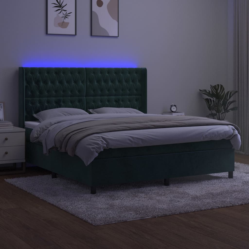 Box Spring Postel S Matrací A Led Tmavě Zelená 180X200 Cm Samet