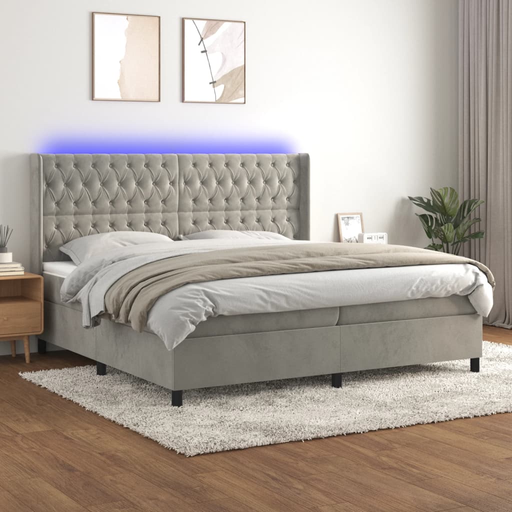 Box Spring Postel S Matrací A Led Samet Světle Šedá