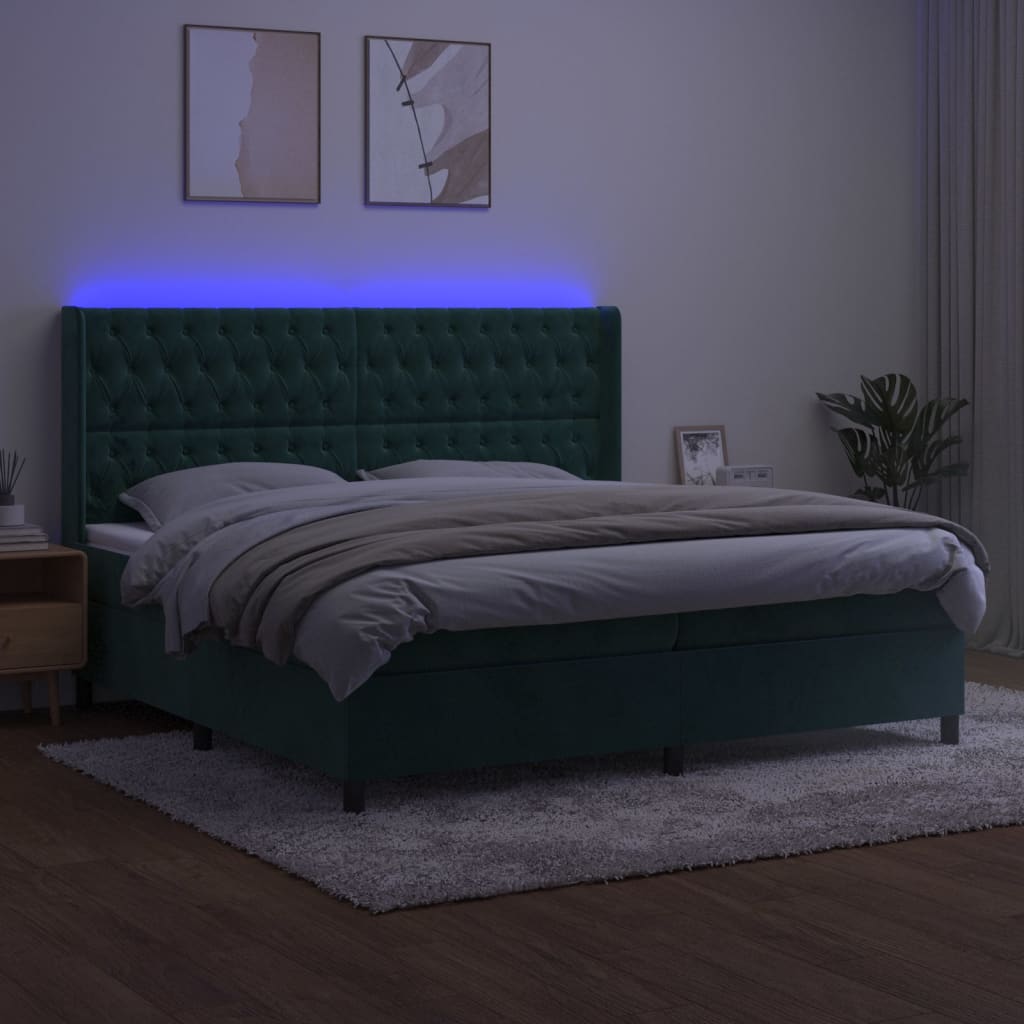 Box Spring Postel S Matrací A Led Tmavě Zelená 200X200 Cm Samet