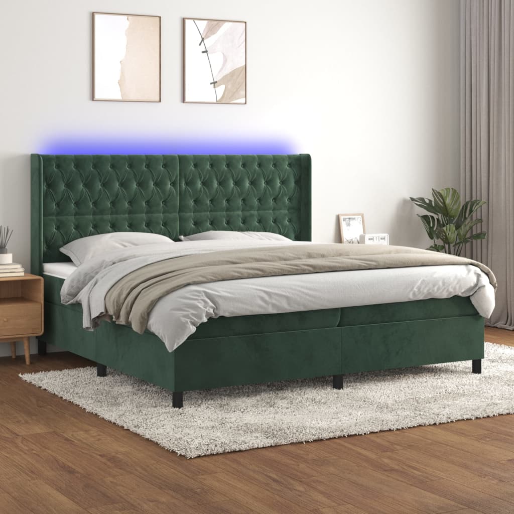 Box Spring Postel S Matrací A Led Tmavě Zelená 200X200 Cm Samet