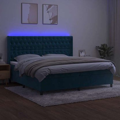 Box Spring Postel S Matrací A Led Tmavě Modrá 200X200 Cm Samet