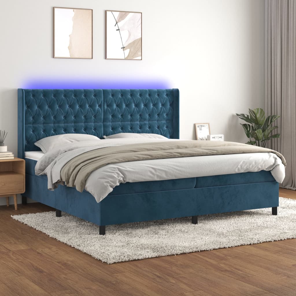 Box Spring Postel S Matrací A Led Tmavě Modrá 200X200 Cm Samet