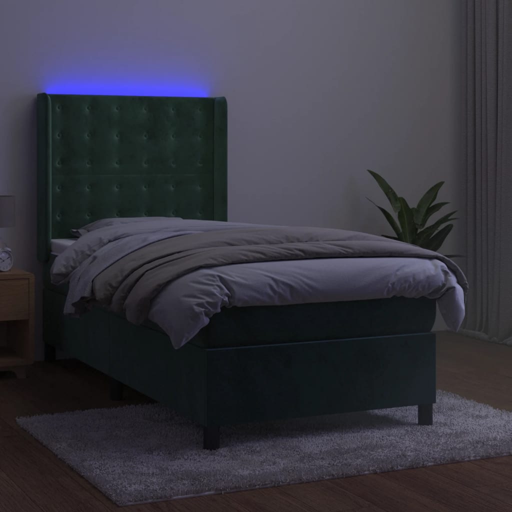 Box Spring Postel S Matrací A Led Tmavě Zelená 90X190 Cm Samet