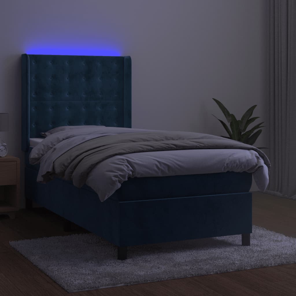 Box Spring Postel S Matrací A Led Tmavě Modrá 90X190 Cm Samet