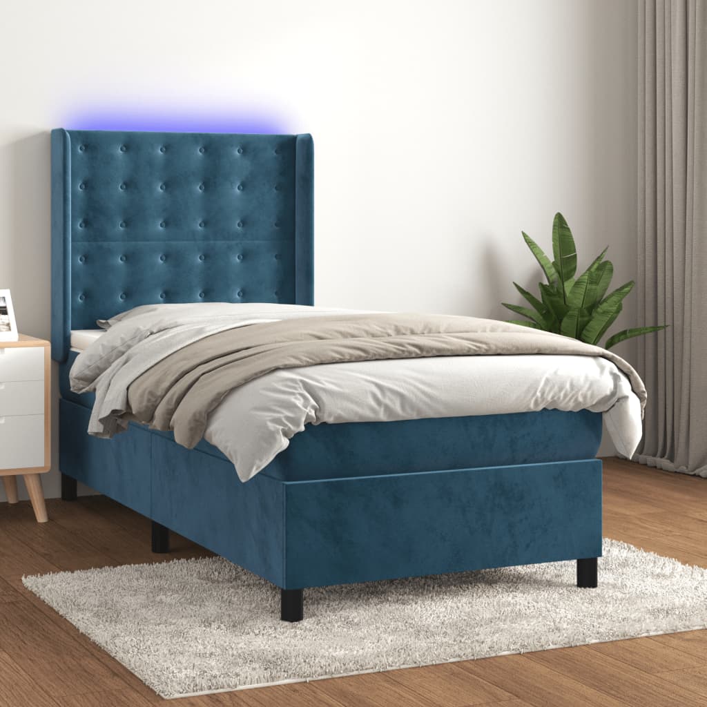 Box Spring Postel S Matrací A Led Tmavě Modrá 90X190 Cm Samet