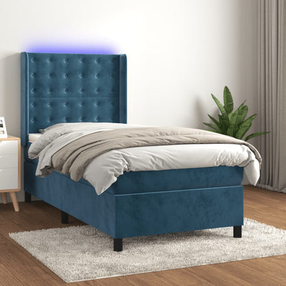 Box Spring Postel S Matrací A Led Tmavě Modrá 100X200 Cm Samet
