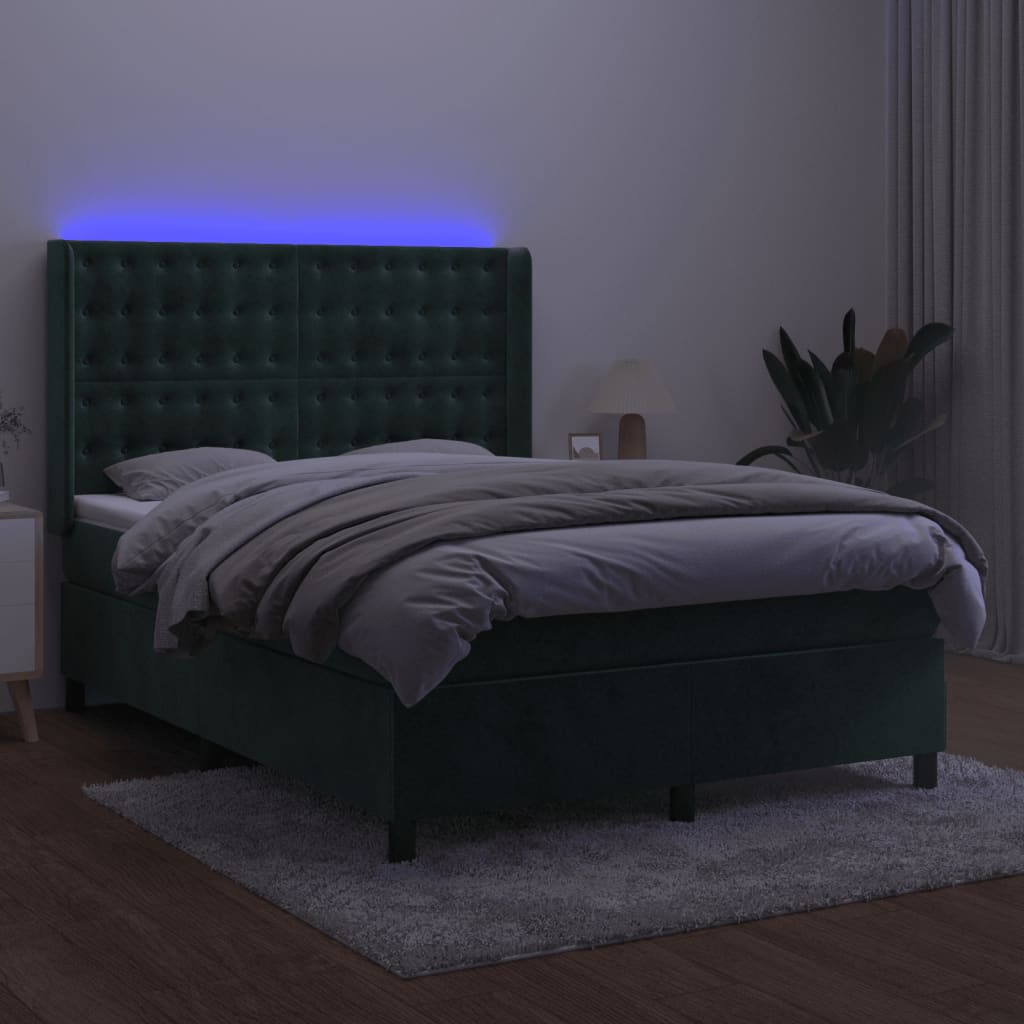 Box Spring Postel S Matrací A Led Tmavě Zelená 140X190 Cm Samet