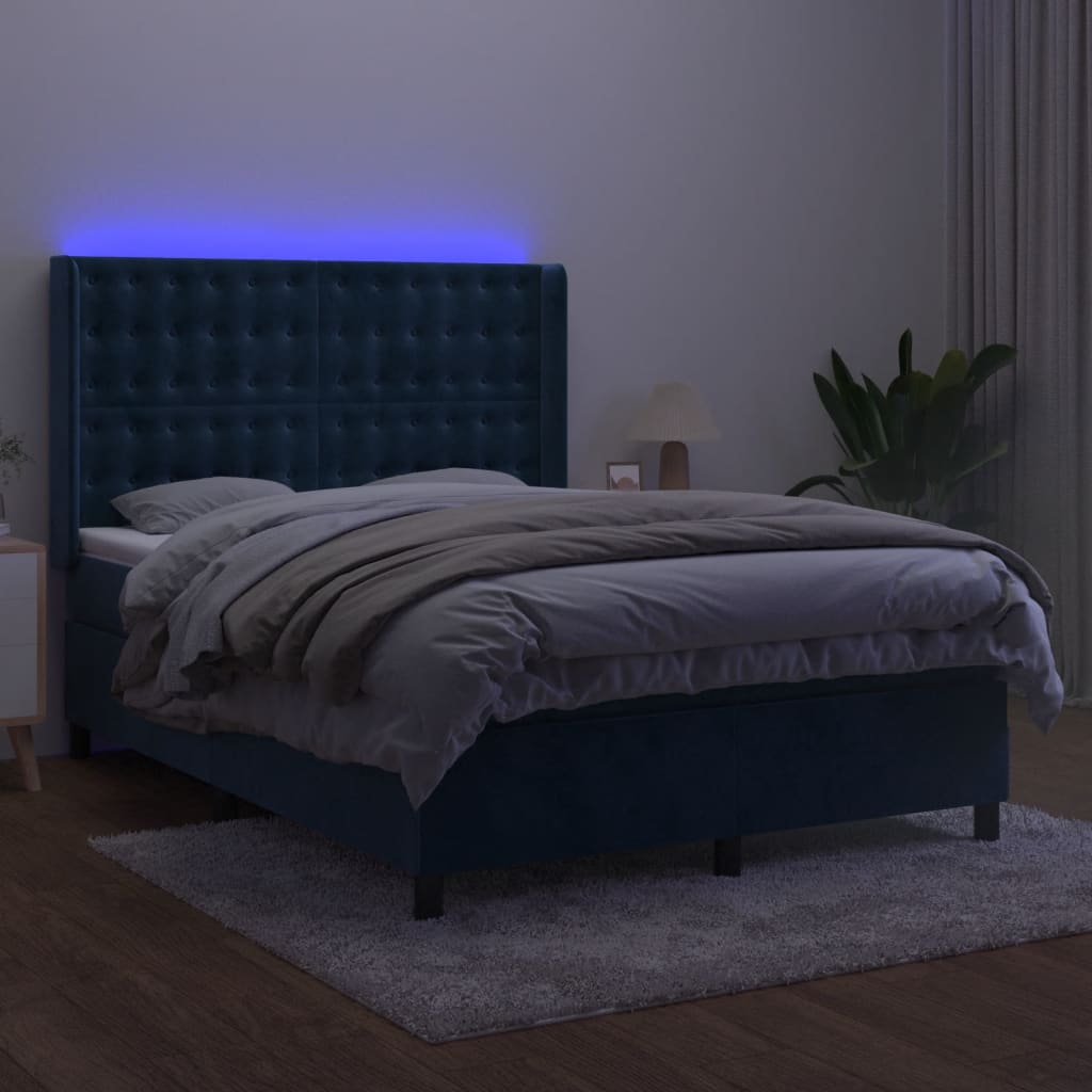 Box Spring Postel S Matrací A Led Tmavě Modrá 140X190 Cm Samet