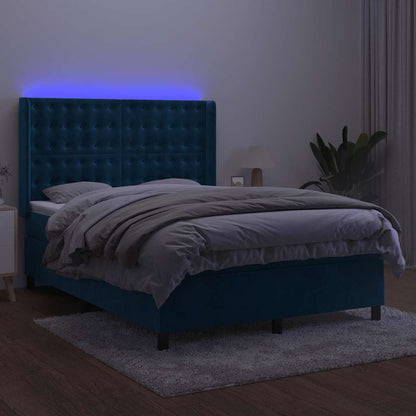 Box Spring Postel S Matrací A Led Tmavě Modrá 140X190 Cm Samet