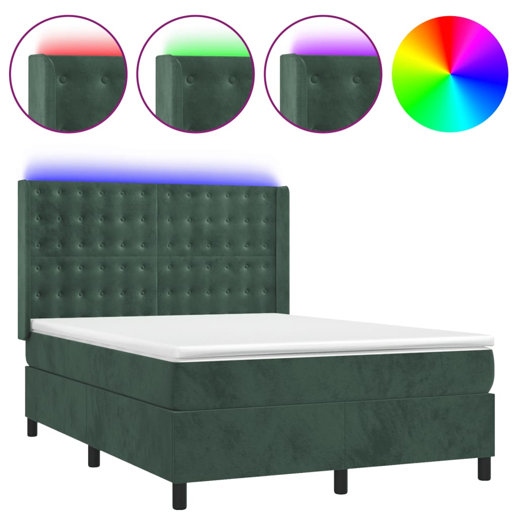 Box Spring Postel S Matrací A Led Tmavě Zelená 140X200 Cm Samet