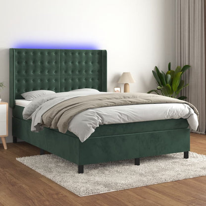 Box Spring Postel S Matrací A Led Tmavě Zelená 140X200 Cm Samet