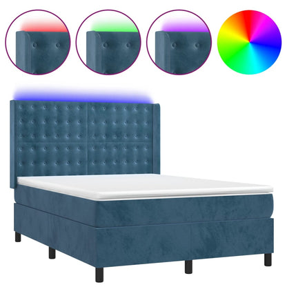 Box Spring Postel S Matrací A Led Tmavě Modrá 140X200 Cm Samet