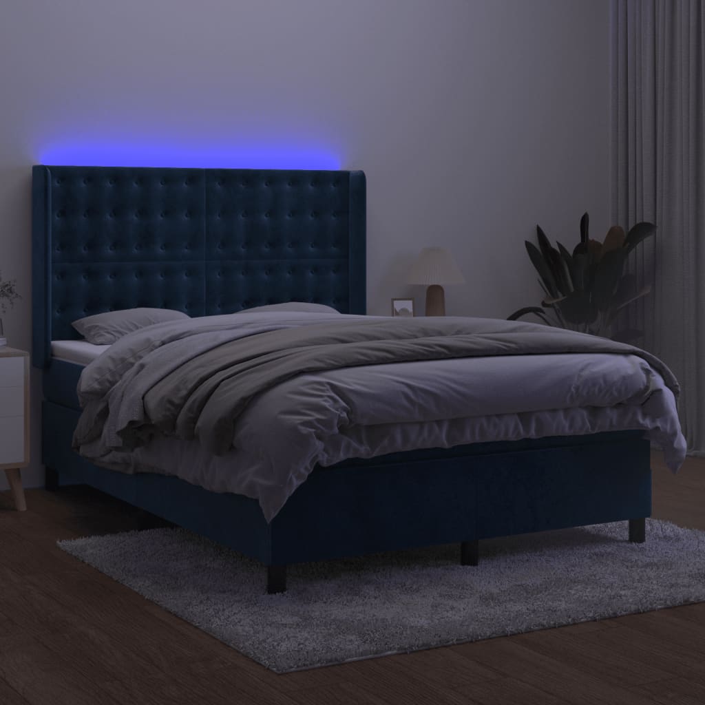 Box Spring Postel S Matrací A Led Tmavě Modrá 140X200 Cm Samet