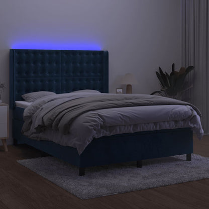 Box Spring Postel S Matrací A Led Tmavě Modrá 140X200 Cm Samet