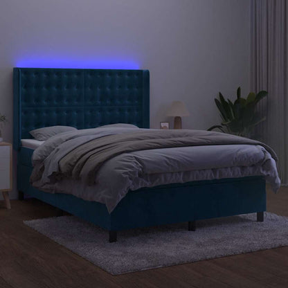 Box Spring Postel S Matrací A Led Tmavě Modrá 140X200 Cm Samet