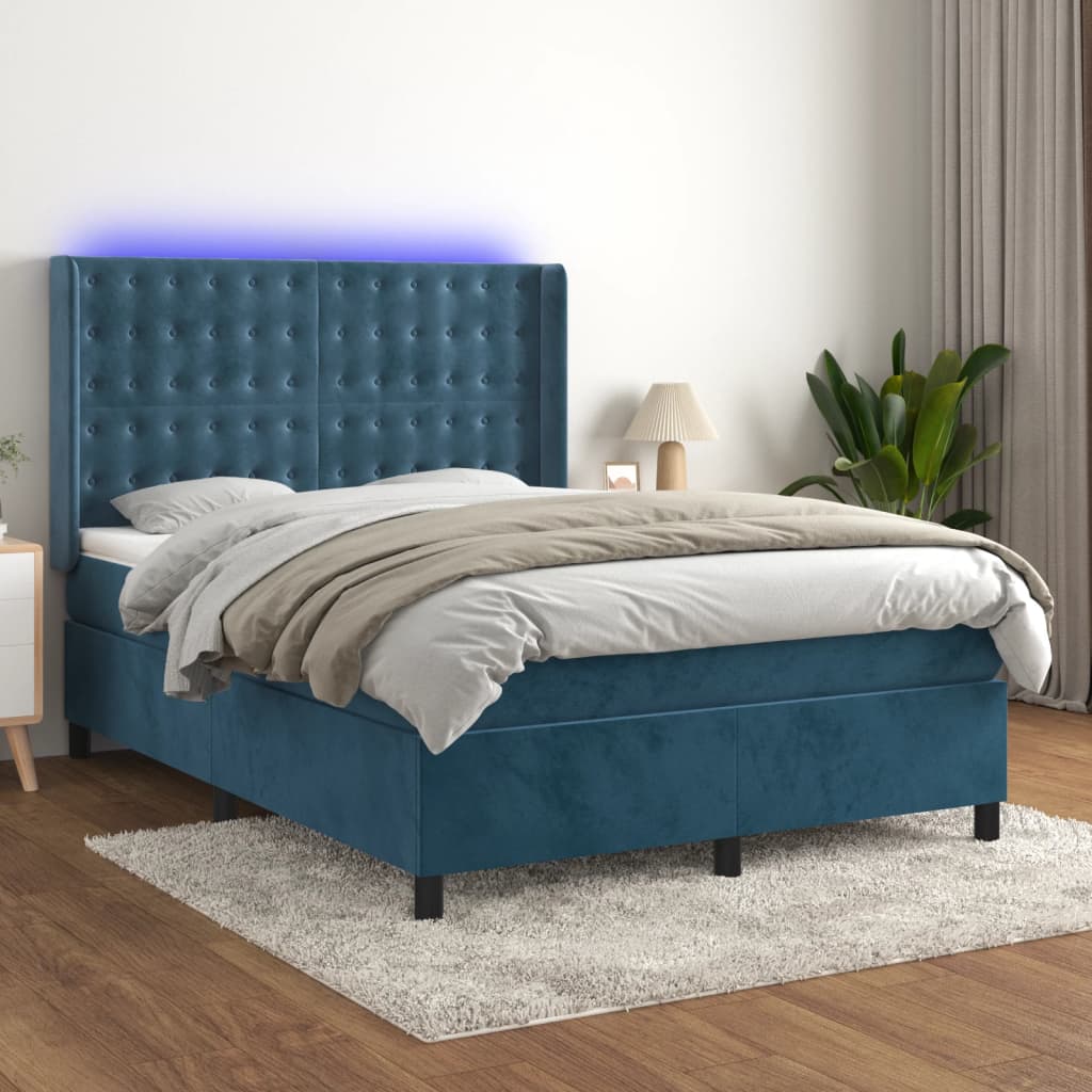 Box Spring Postel S Matrací A Led Tmavě Modrá 140X200 Cm Samet