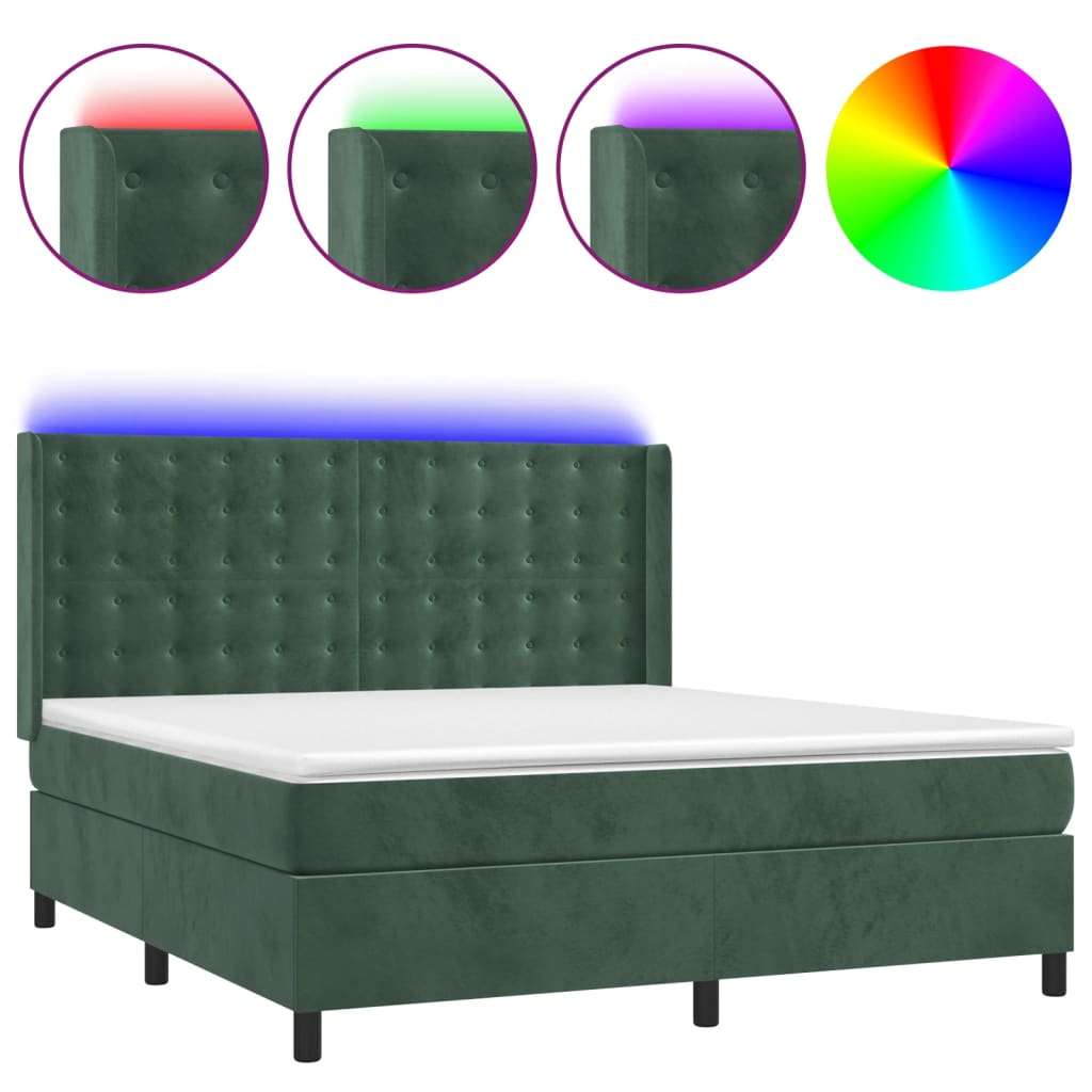 Box Spring Postel S Matrací A Led Tmavě Zelená 160X200 Cm Samet