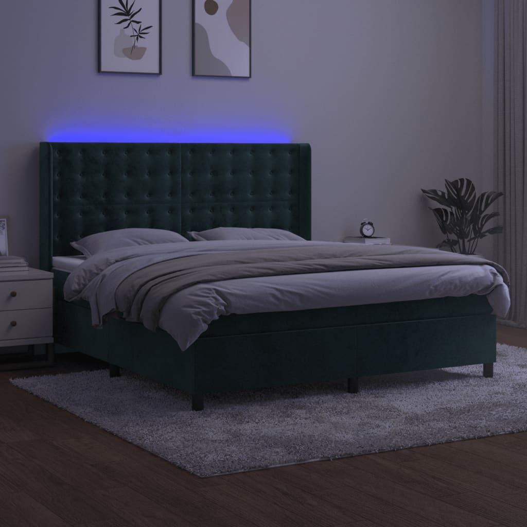Box Spring Postel S Matrací A Led Tmavě Zelená 160X200 Cm Samet