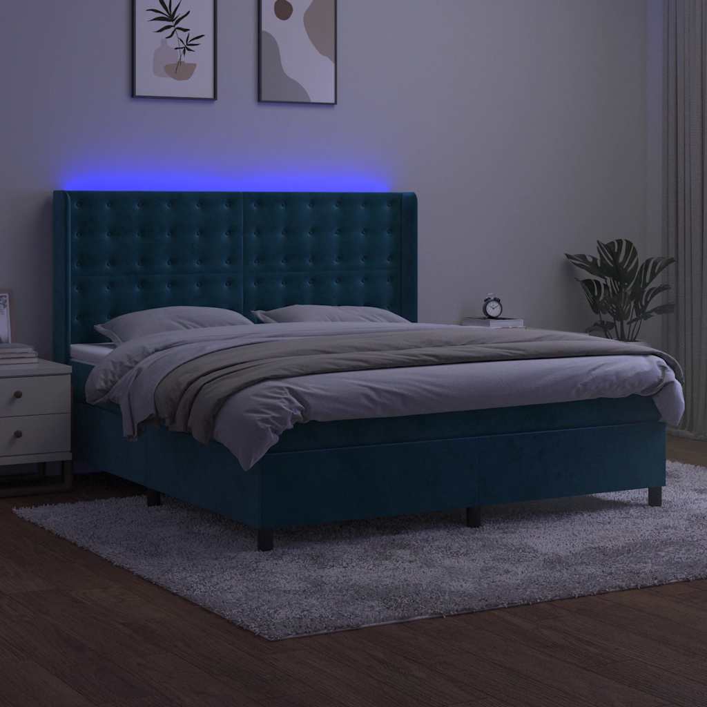 Box Spring Postel S Matrací A Led Tmavě Modrá 160X200 Cm Samet