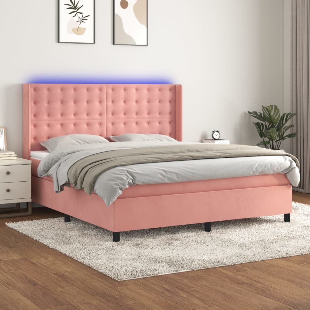 Box Spring Postel S Matrací A Led Samet Růžová