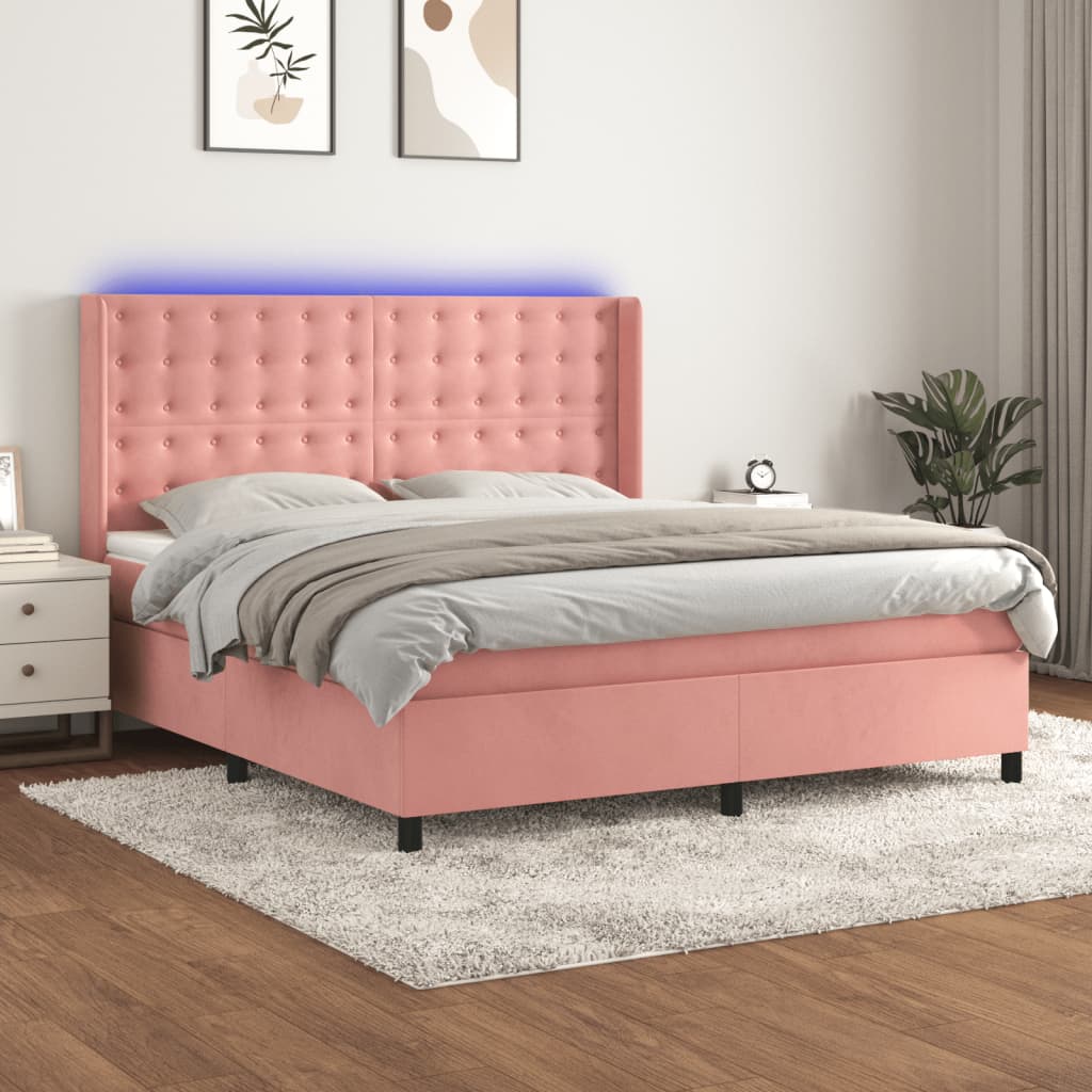 Box Spring Postel S Matrací A Led Samet Růžová