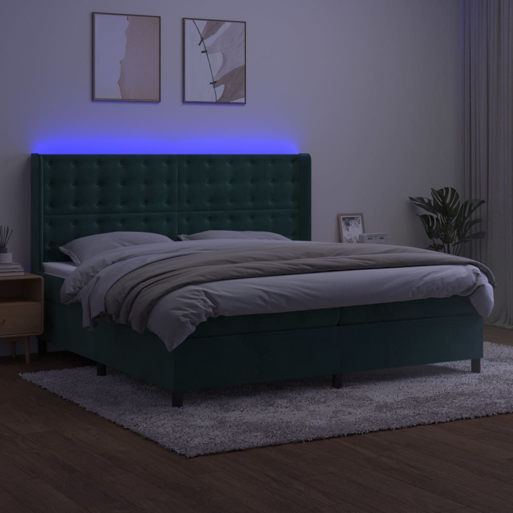 Box Spring Postel S Matrací A Led Tmavě Zelená 200X200 Cm Samet