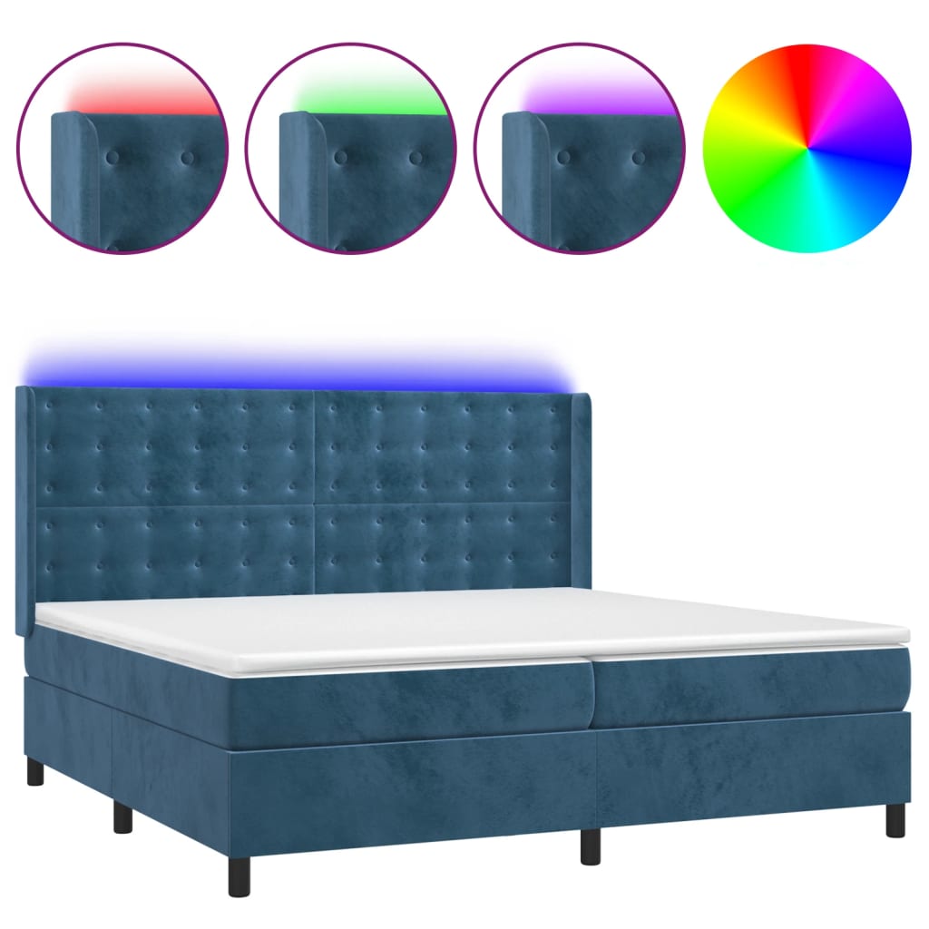 Box Spring Postel S Matrací A Led Tmavě Modrá 200X200 Cm Samet