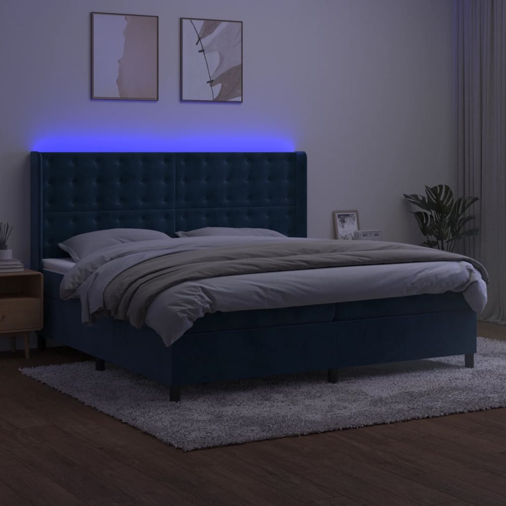 Box Spring Postel S Matrací A Led Tmavě Modrá 200X200 Cm Samet