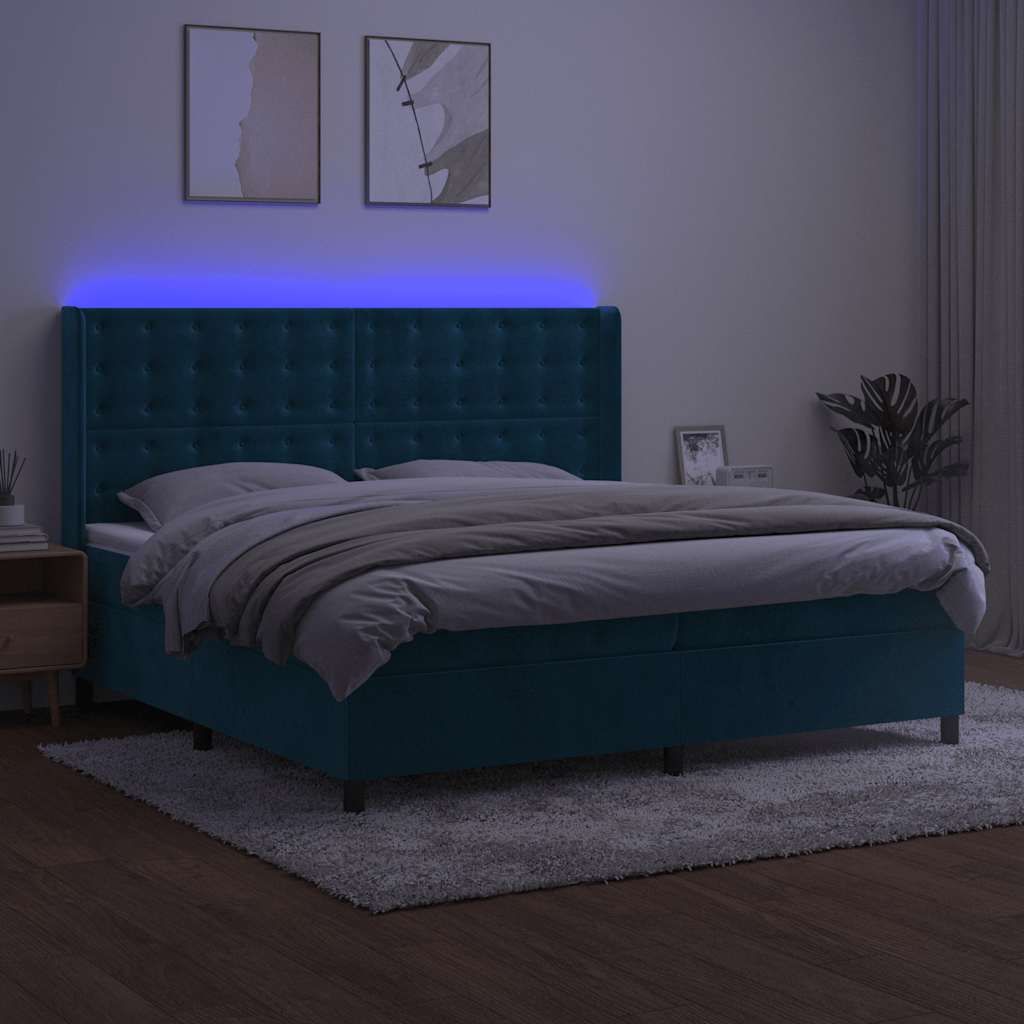 Box Spring Postel S Matrací A Led Tmavě Modrá 200X200 Cm Samet