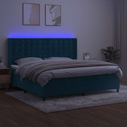 Box Spring Postel S Matrací A Led Tmavě Modrá 200X200 Cm Samet