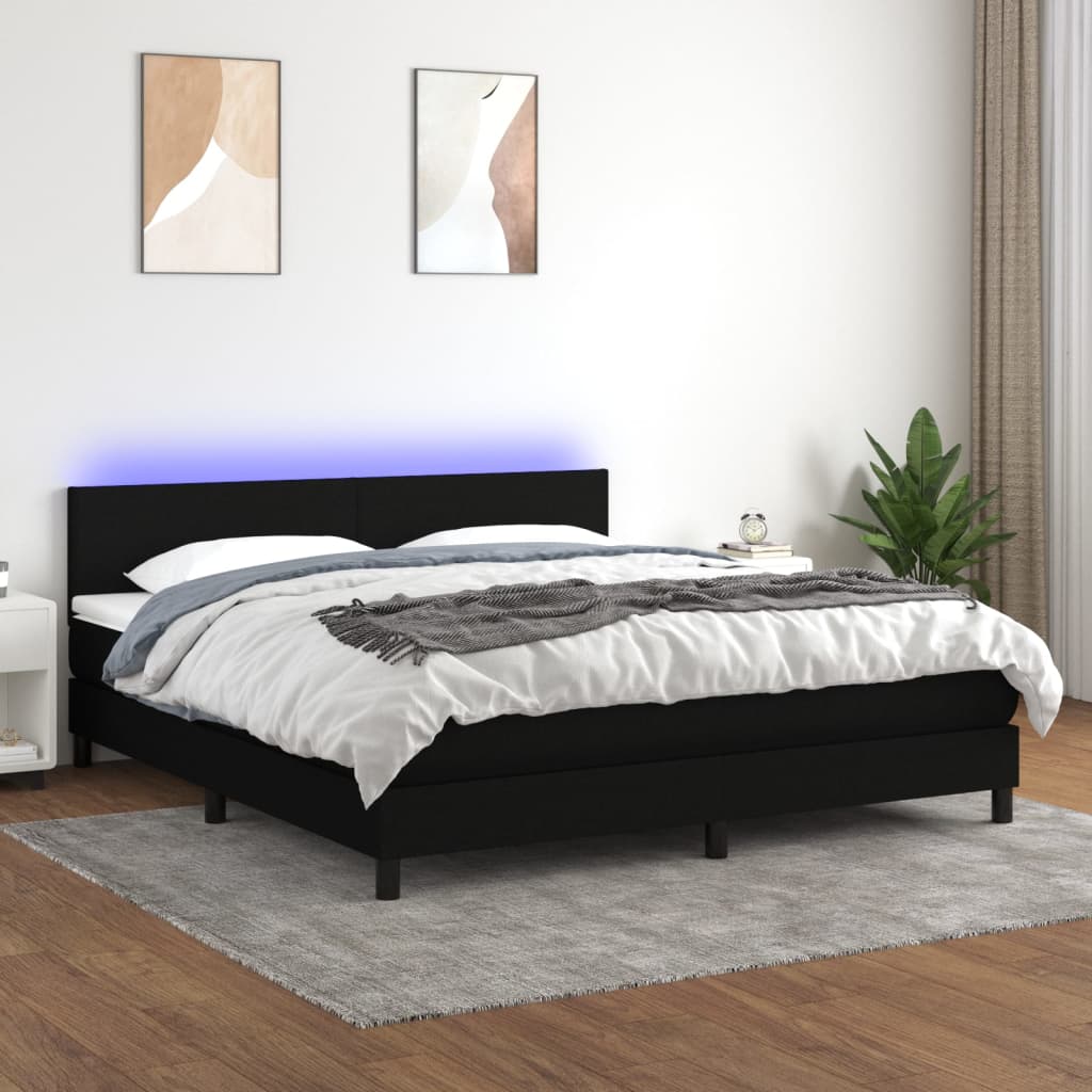 Box Spring Postel S Matrací A Led Černá Textil Černá