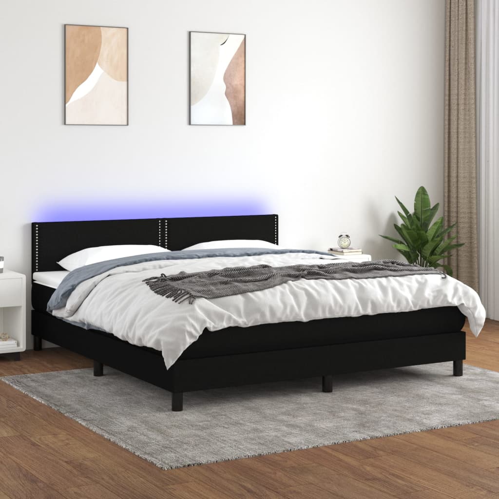 Box Spring Postel S Matrací A Led Černá Textil Černá