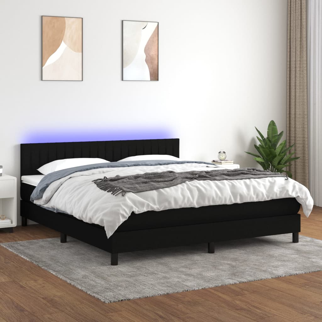 Box Spring Postel S Matrací A Led Černá Textil Černá