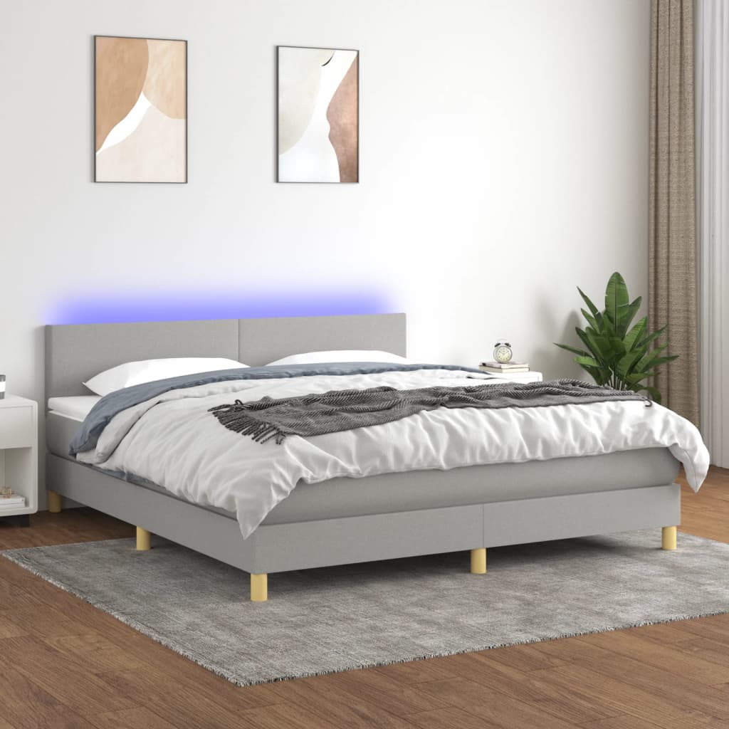 Box Spring Postel S Matrací A Led Textil Světle Šedá