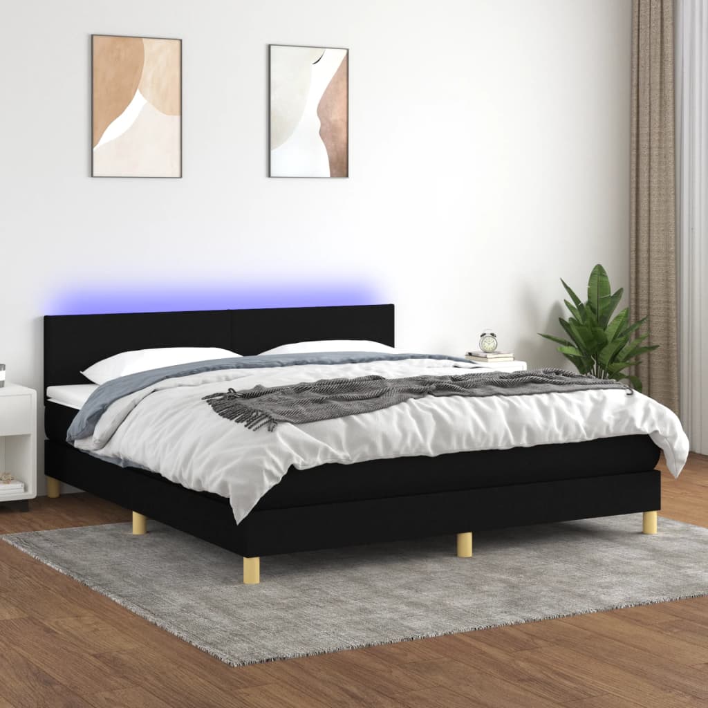 Box Spring Postel S Matrací A Led Černá Textil Černá
