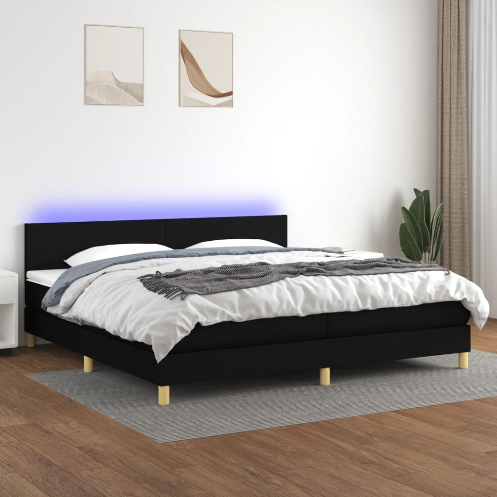 Box Spring Postel S Matrací A Led Černá Textil Černá