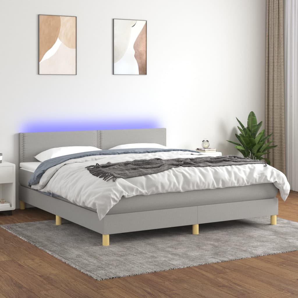 Box Spring Postel S Matrací A Led Textil Světle Šedá