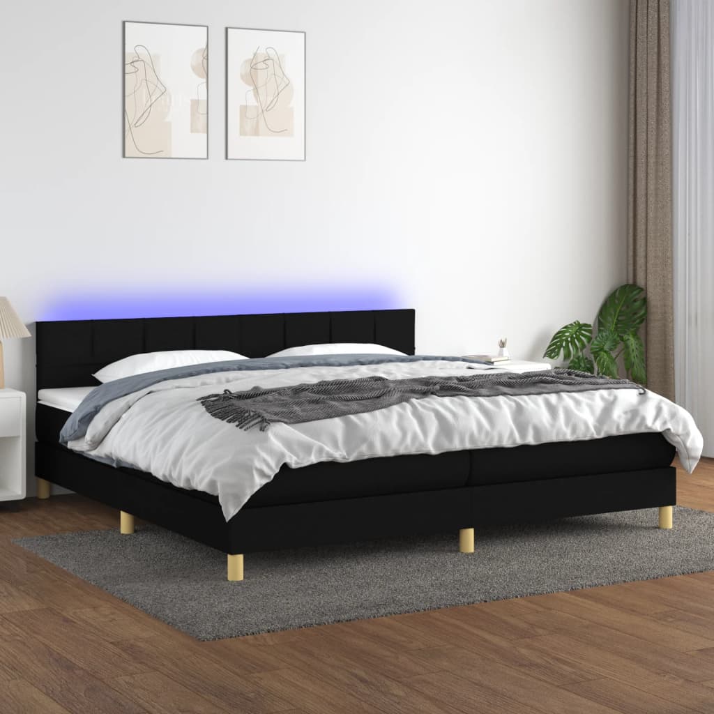 Box Spring Postel S Matrací A Led Černá Textil Černá