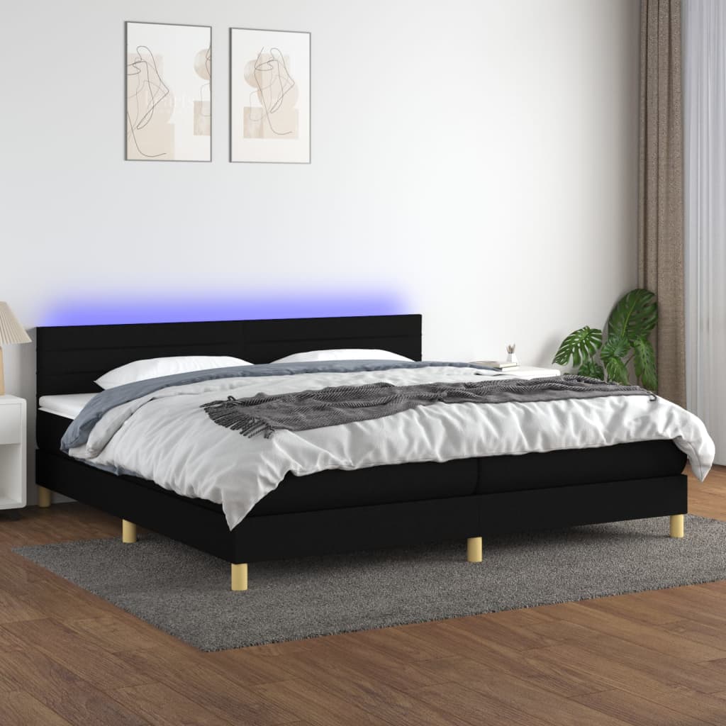 Box Spring Postel S Matrací A Led Černá Textil Černá