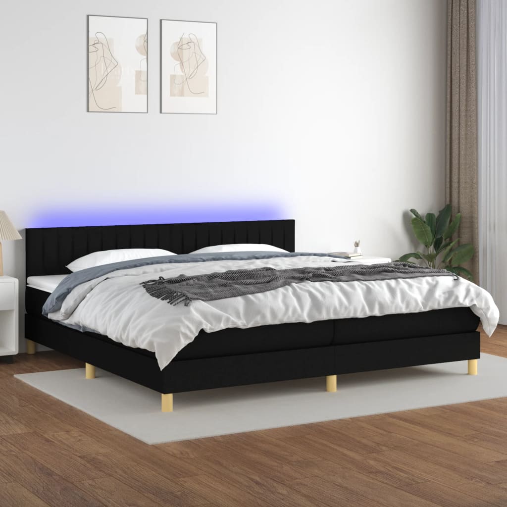 Box Spring Postel S Matrací A Led Černá Textil Černá