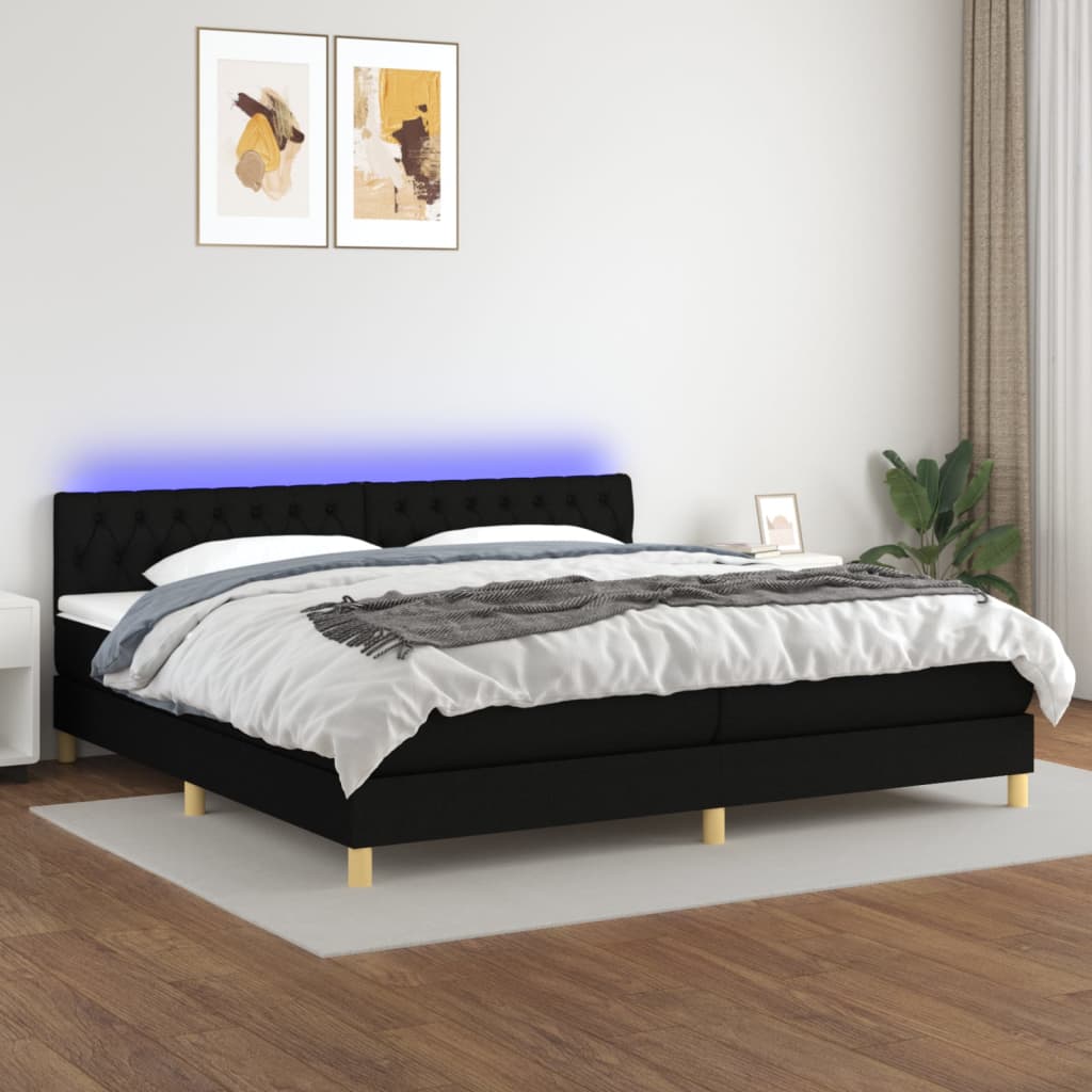 Box Spring Postel S Matrací A Led Černá Textil Černá