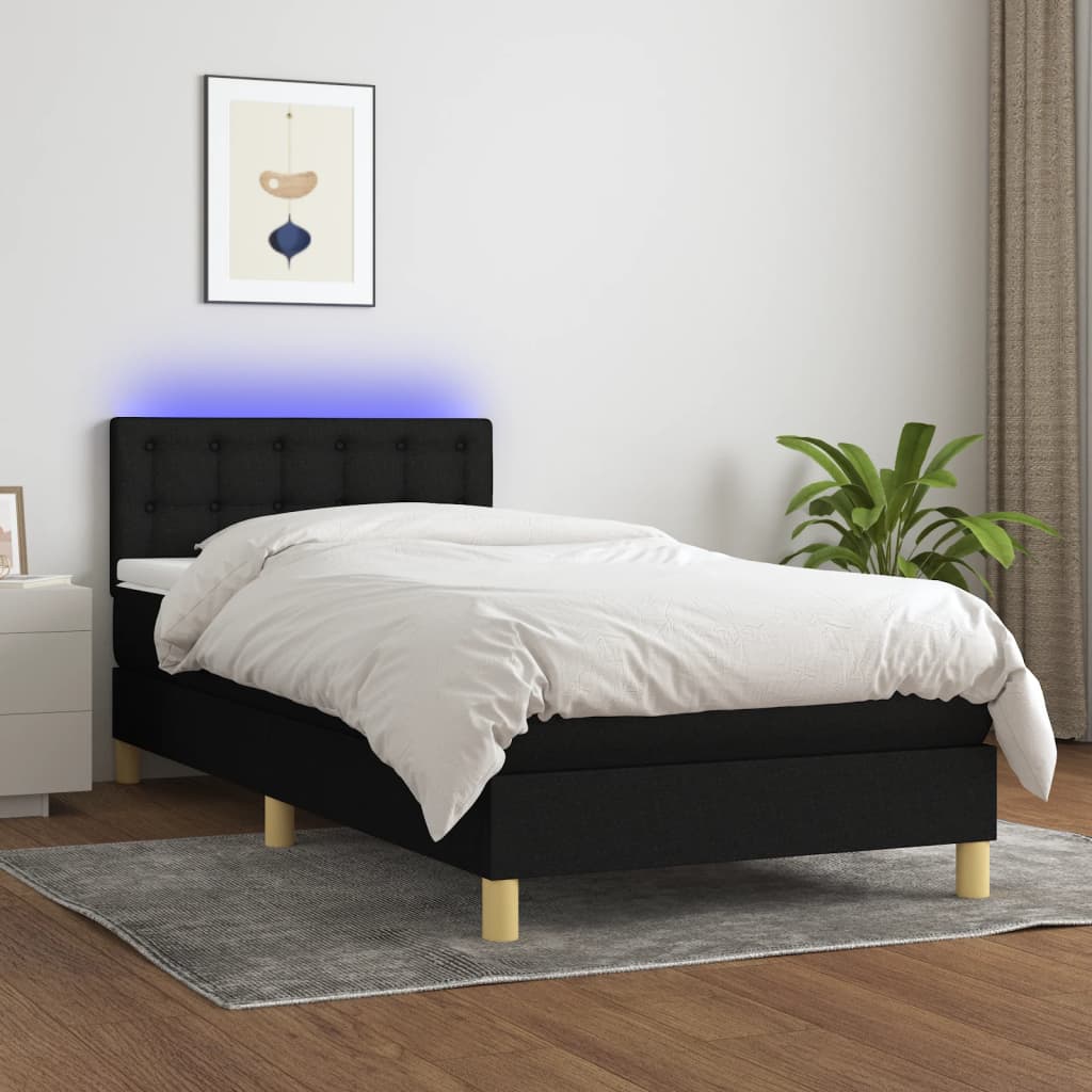 Box Spring Postel S Matrací A Led Černá Textil Černá