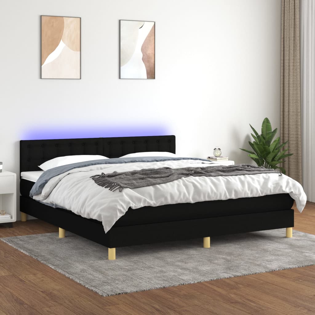 Box Spring Postel S Matrací A Led Černá Textil Černá