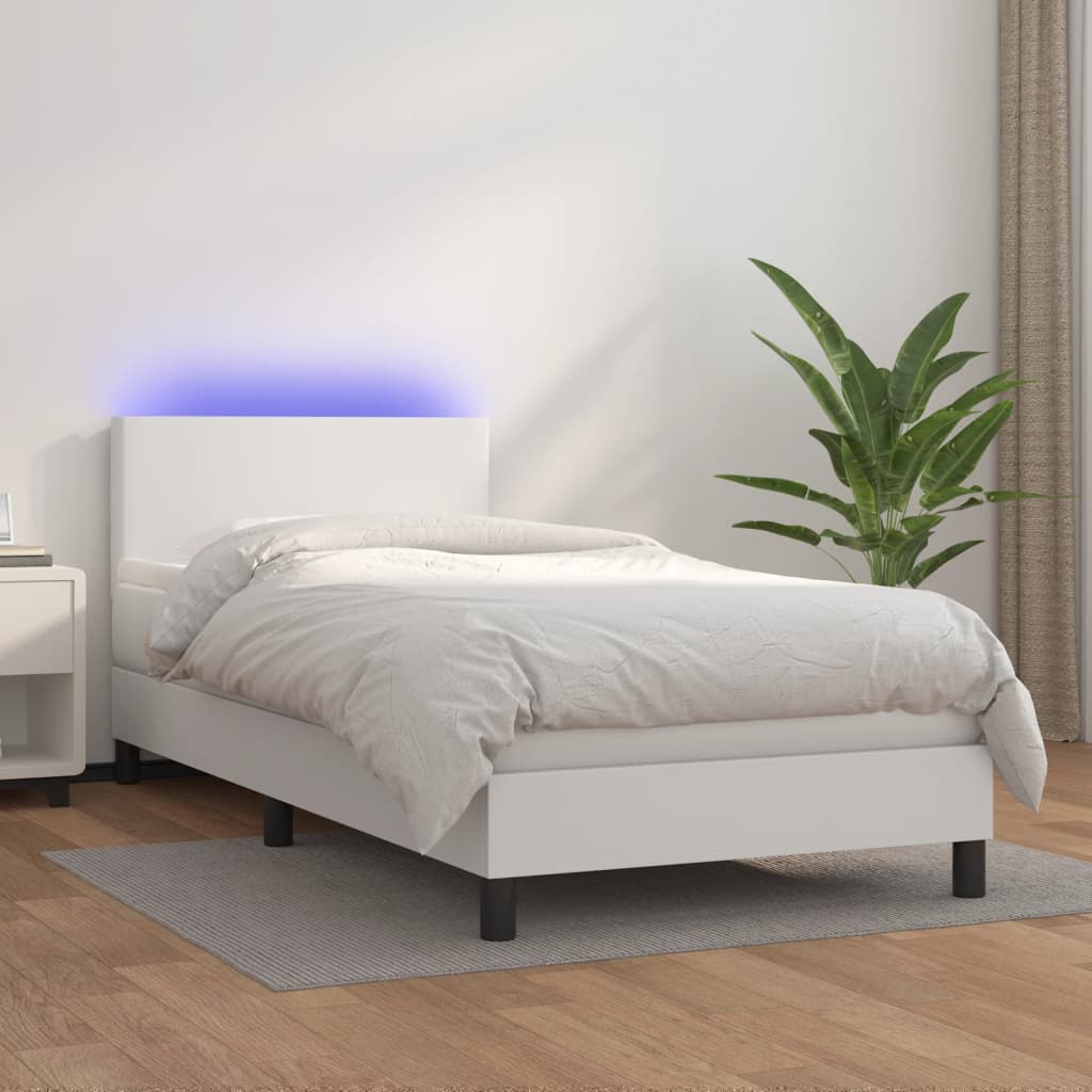 Box Spring Postel S Matrací A Led Umělá Kůže Bílá