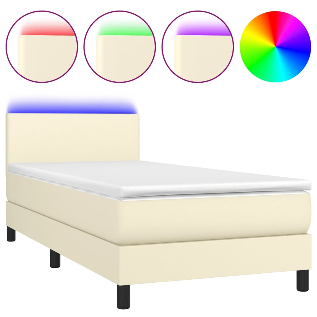 Box Spring Postel S Matrací A Led Krémová 100X200 Cm Umělá Kůže