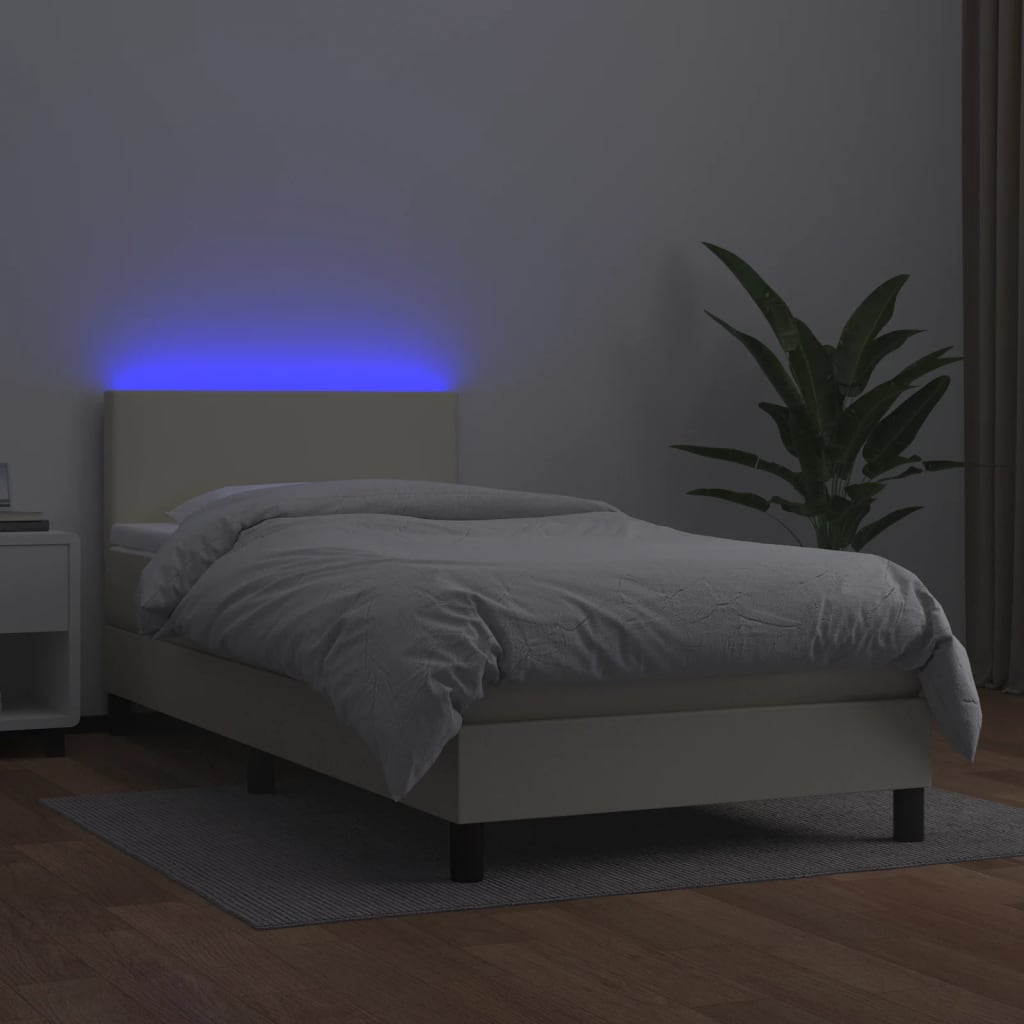 Box Spring Postel S Matrací A Led Krémová 100X200 Cm Umělá Kůže