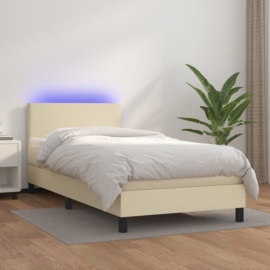 Box Spring Postel S Matrací A Led Krémová 100X200 Cm Umělá Kůže