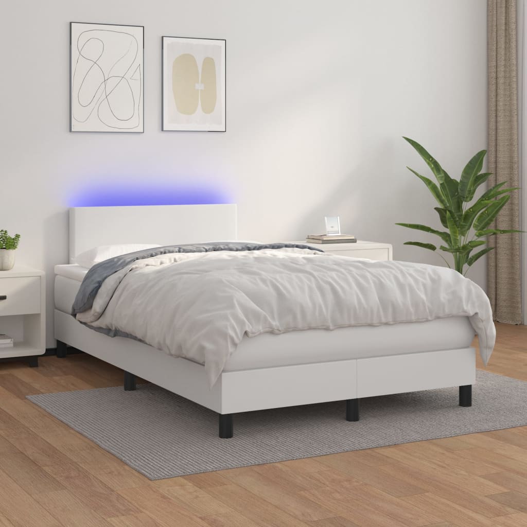Box Spring Postel S Matrací A Led Umělá Kůže Bílá